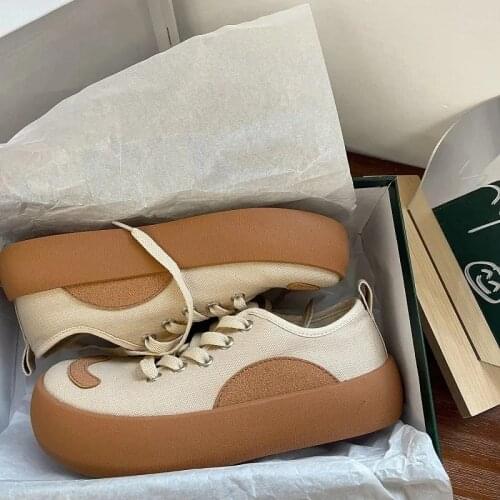 Women Canvas Shoes Lace-up Campus Style All-match Color Matching Lady Vulcanized Shoes Casual Fashion Low-top Platform Sneakers
