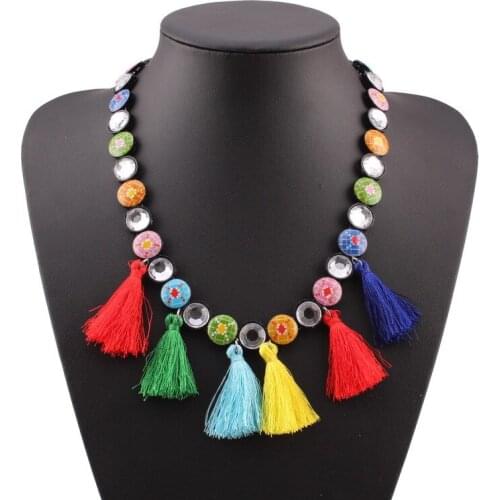 Colorful Cotton Tassel Pendant Necklace for Women Florate Brand Jewelry Long Rope Chain Button Charm Statement Necklace