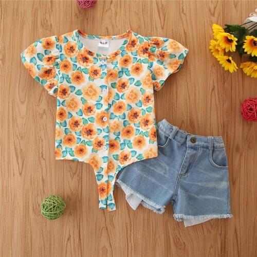 Summer Girl Set Print Shirt + Jeans Shorts Cotton Children Suits Casual Girls Clothing Sets