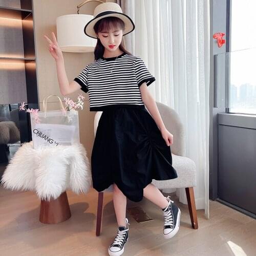 New Striped Girls Summer Sets 3-15 Years Old Childrens Clothing Short Sleeve Crew Neck Kids Casual Clothes for Girl Two Pieces