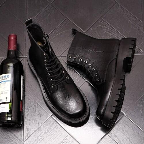 2021 Autumn Black Leather Rubber Boots Men Height Increasing Shoes Martin Boots Work Motorcycle Boots Zapatillas Hombre