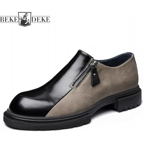 Fashion Men Colors Mixed Round Toe Genuine Leather Shoes Vintage Business Casual Block Heels Office Work Shoes Slip On Loafers