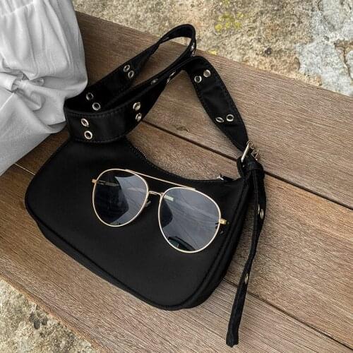 Vintage Black Solid Color Small Nylon Shoulder Bags For Women 2021 Summer Simple Handbags And Purses Female Travel Totes