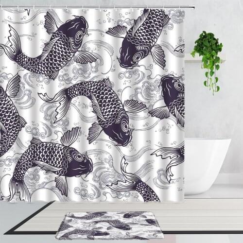 Koi Shower Curtains Summer Lotus Red Fish Retro Style Bathroom Decoration Bathtub Screen Curtain Set Non-Slip Bath Mat Carpet