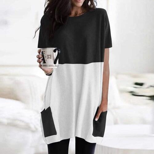 5xl Plus Size Tunic Tops And Clothes Blouse Femme Fashion Womens Prints Splicing Pockets Long Version Casual Short Sleeves Top