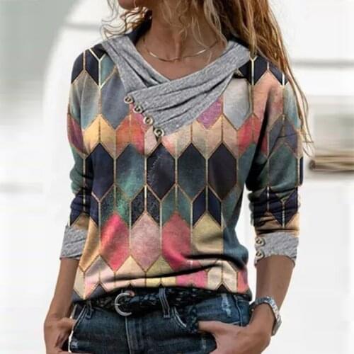 Fashion Vintage Geometric Women Shirt Ladies Spring Autumn Long Sleeve Women Tops Pullover Casual V-Neck Loose T Shirt Women Tee