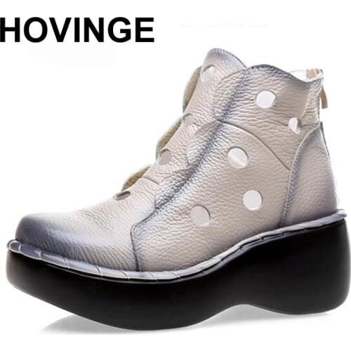 HOVINGE Comfortable genuine leather Summer Women boots Cool Boots 2018 New Thick Bottom Wedges boots Women Fashion Shoes