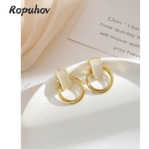 Ropuhov 2021 925 Silver New Woman Jewelry Woman Needle Korea Temperament High Opal Simple Geometry Round Laminated Ring Earrings