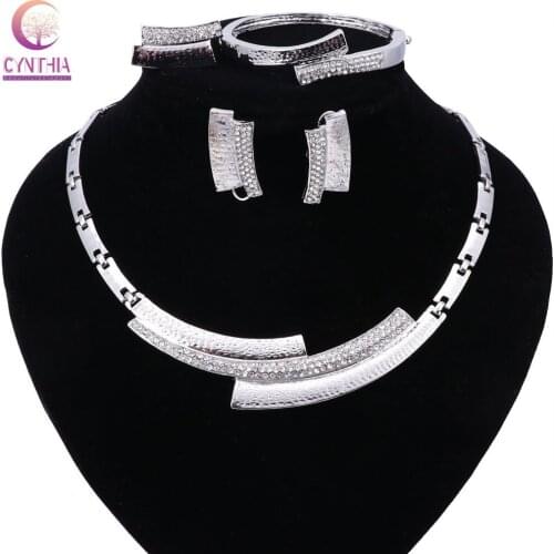 Women Vintage Silver Color Crystal Bridal Party Rhinestone Nigerian Necklace Bangle Ring Wedding African Beads Jewelry Set