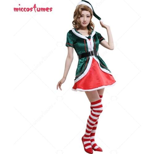 Women Mrs Elf Green and Red Polyester Performance Outfit Cosplay Costume for Christmas with Christmas Hat and Stockings