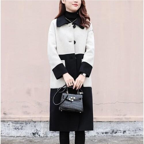 2020 Womens Vintage Winter Coat Autumn Fashion Black and white Splice Doll Collar Elegant Wool Clothes Ladies Long Outwear Z655