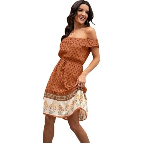 2020 Women Off The shoulder Strap Celebrity Floral Patchwork Short Sleeve Sweet Dress Holiday Knee Length Dresses Lady Vestidos