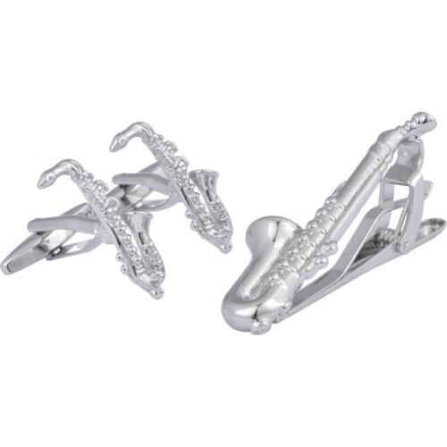 10sets/lot Silver Saxophone Cufflinks Tie Clip Set Music Equipment Cuff Links Tie Pins Bar Sets Mens Jewelry Gift
