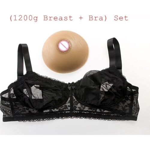 1200g/pair Brown Silicone Breast+Sexy Black Transparent Lace Pocket Bra ) Transvestites CD/TS Silicone Boobs With Bra Set