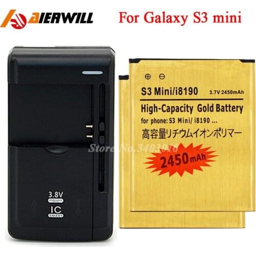 2PCS i8190 Gold Battery For Samsung Galaxy S3 Mini GT-i8190 ACE II 2 I8160 Bateria Accumulator 2450mAh+Universal Charger