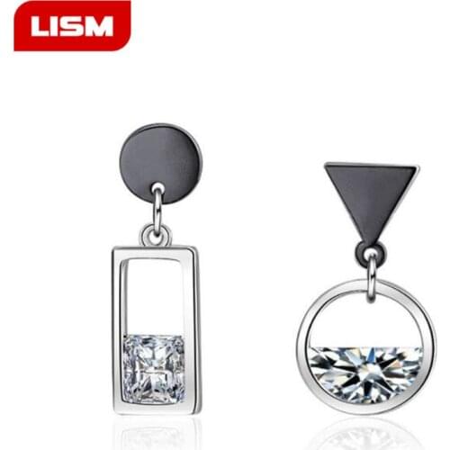 925 Sterling Silver Earrings Spring Water Zircon Gun Black Color Circle Square Asymmetric Tassel Earring For Woman