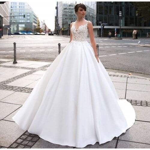 Satin A-Line Wedding Dresses 2021 Scoop Neck Lace Appliques Boho Bridal Dress With Pockets wedding gowns vestido novia
