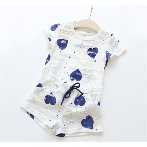 Brand Baby Kids Girl Holes Decoration LOVE Pattern Short Sleeve Tops T-shirt Shorts Pants Outfit Set