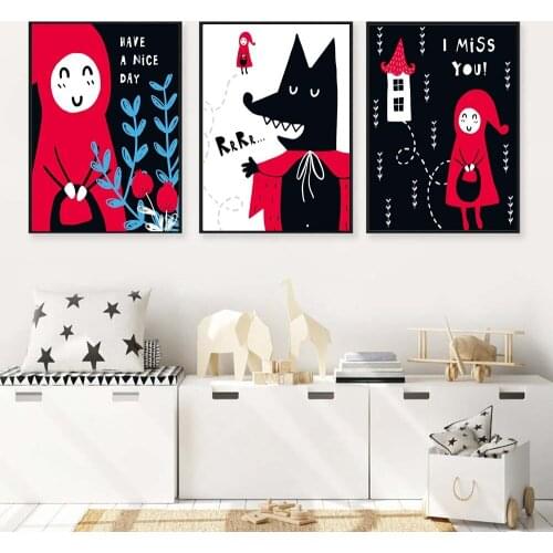 Baby Girl and Black Wild Wolf Nursery Wall Art Canvas Print Poster Cartoon Animal Painting Kid Girl Bedroom Decoration Picture