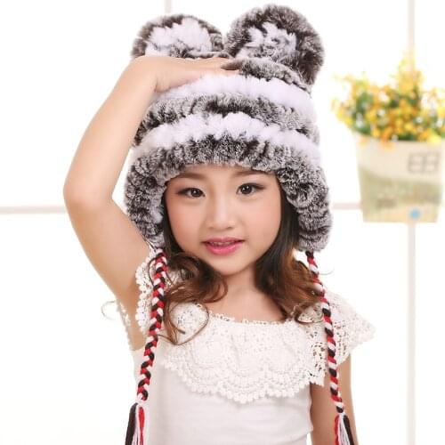 Kids fur hats of natural rex rabbit fur boy girl warm kid winter hats earflap pilot white fur hat knit bunny rabbit ear capH219
