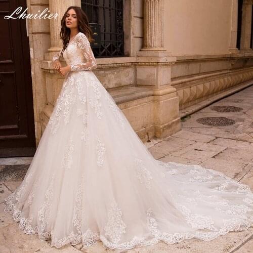 Lhuilier Elegant A-line Full Sleeves Wedding Dresses 2020 Floor Length Lace Appliques Chapel Train Lace Up Bridal Dress