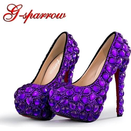 2018 Purple Rhinestone Wedding Bridal Shoes Woman High Heels Party Prom Dress Shoes Plus Size US 4-US 12 Adult Ceremony Pumps