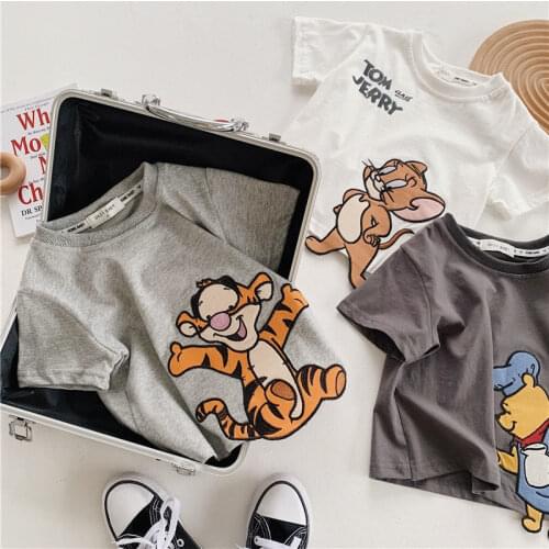 Cotton Summer New Boys' and Girls' Cartoon Embroidery Printing Short Sleeve Top Middle and Childrens T-shirt Bottom Shirt Top
