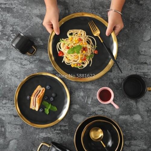 Black Gold Edge Ceramic Dinner Plates Matte Gold Steak Dish Creative Dish Salad Plate Party Porcelain Tableware Serving Dish