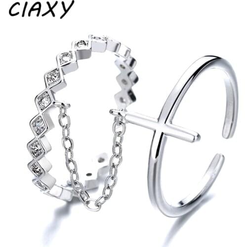 CIAXY 925 Sterling Silver One-piece Cross Open Ring Connected with Tassel Chain Zircon Rings for Women New Design Jewelry