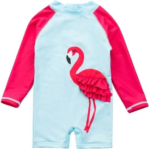 Baby Girls Swimsuit Red Flamingo One-piece Long Sleeve Beach Clothes