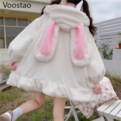 Japanese Style Autumn Winter Women Sweet Warm Jacket Kawaii Soft Lambswool Ruffles Rabbit Ears Hooded Coats Girls Parkas Outwear