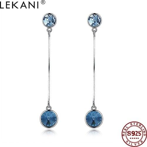 LEKANI Long Earrings For Women S925 Sterling Silver Blue Round Austria Crystal Drop Earring Engagement Send To Girlfriend Best