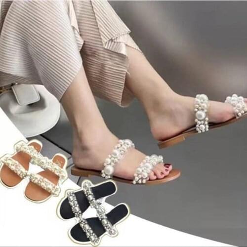 Summer Women Slippers Pearl String Bead Slippers Womens Flat Sandals Casual Slippers Pearl Beach Shoes Women Pearl Shoes