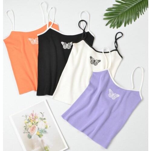 Summer Women Knitted Butterfly Embroidery Cami Sexy Beach Wear Casual Vest Girls Sleeveless Basic Camisole 2021