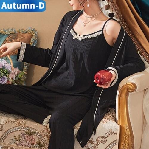 Autumn Women Pajama Sets Cotton Nightgowns Sexy Female Lace Sleepwear Large Size Pijama Trouser Suits 3PCS Ladies Home Clothes