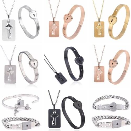 A Couple Jewelry Sets Stainless Steel Love Heart Lock Bracelets Bangles Key Pendant Necklace Couples Free Shipping