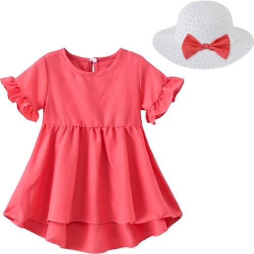Summer Kids Dress Girls Flower Dress with Hat Infant Toddler Girl Solid Color Short Sleeve Dress Princess Party Garden Dresses