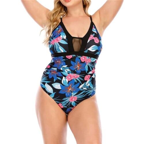 Plus Size Womens Flower Print Swimsuit Bikini Mesh Perspective Stitching Swimming Bodysuit Beachwear Bathing Suit 4XL
