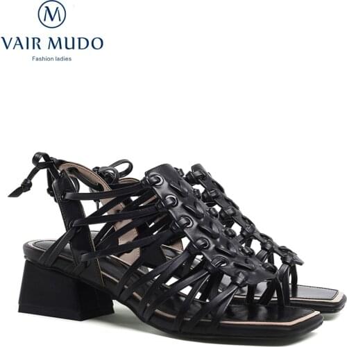 VAIR MUDO Women Sandals Shoes Black Genuine Leather Ladies Thick Heels Cross-tied Fashion footwear spring autumn sandals LX109L