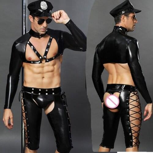 Sexy Faux Leather Sexy Costume Hot Erotic Set Uniform Adult Men Role Play Costume Sex Clothes Top + Pants + Hat