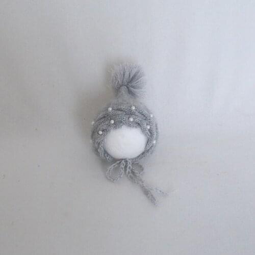 Grey Pixie Pom Pom Bonnet Newborn Fluffy Elf Hat Photography Props Knit Angora Animal Hat Photo Shoot