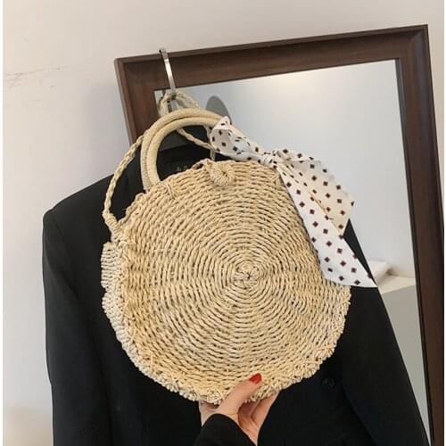 Summer Straw Bags for Women Handmade Circle Tote Bag Beach Travel Round Crossbody Shoulder Bag Lady Circle Rattan Woven Handbag