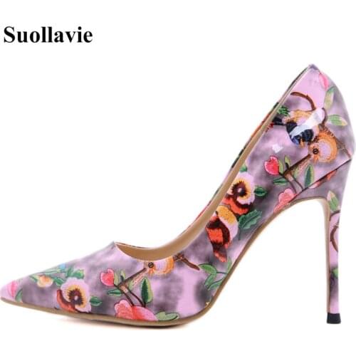 Suollavie Spring New Flower Women Pumps Pointed Toe High Heels Pattern Female Shoes Dress Stiletto Floral Kobiet Buty for Ladies