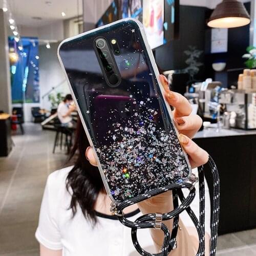 Ultra-thin Bling Glitter Lanyard Silicone Phone Case For Xiaomi Redmi Note 9 8 Mi 11 10 9 T Lite Pro Luxury Necklace Rope Cover