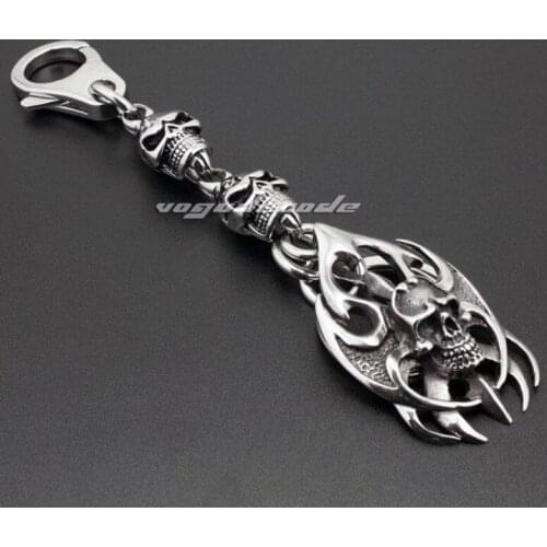 Unique Fashion Waist Pendant Solid 316L Stainless Steel Cool Mens Biker Tribal Totem Huge Skull Keychain Keyring 6H001KC