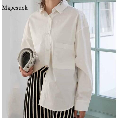 All-match Solid White Oversize Loose Long Sleeve Pocket Shirts Casual Shirts Womens Tops and Blouses Women Cotton Shirts 10958