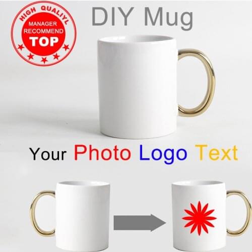 High quality White porcelain photos Coffee Cup Golden handle DIY mug Custom DIY Your Favorite Photo Logo Text Mugs