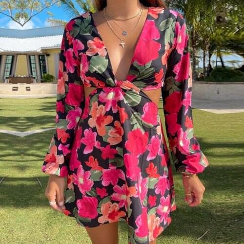 Women Hollow Out Backless Mini Dress Floral Print Long Sleeve Deep V-neck Sexy Female Club Party Night Dresses Summer Beach Date
