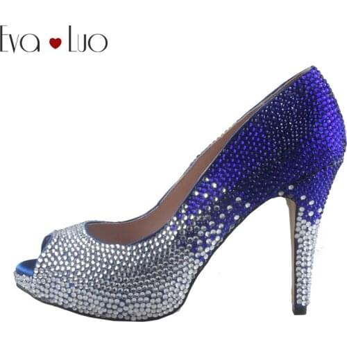 CHS765 DHL Custom Made Peep Toe Sliver Royal Blue Crystal Bridal Wedding Shoes Dress Pumps High Heels Women Shoes Pumps