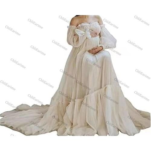 Ladies photo shoulder puff sleeve bathrobe light luxury high-end maternity tulle robe dress
